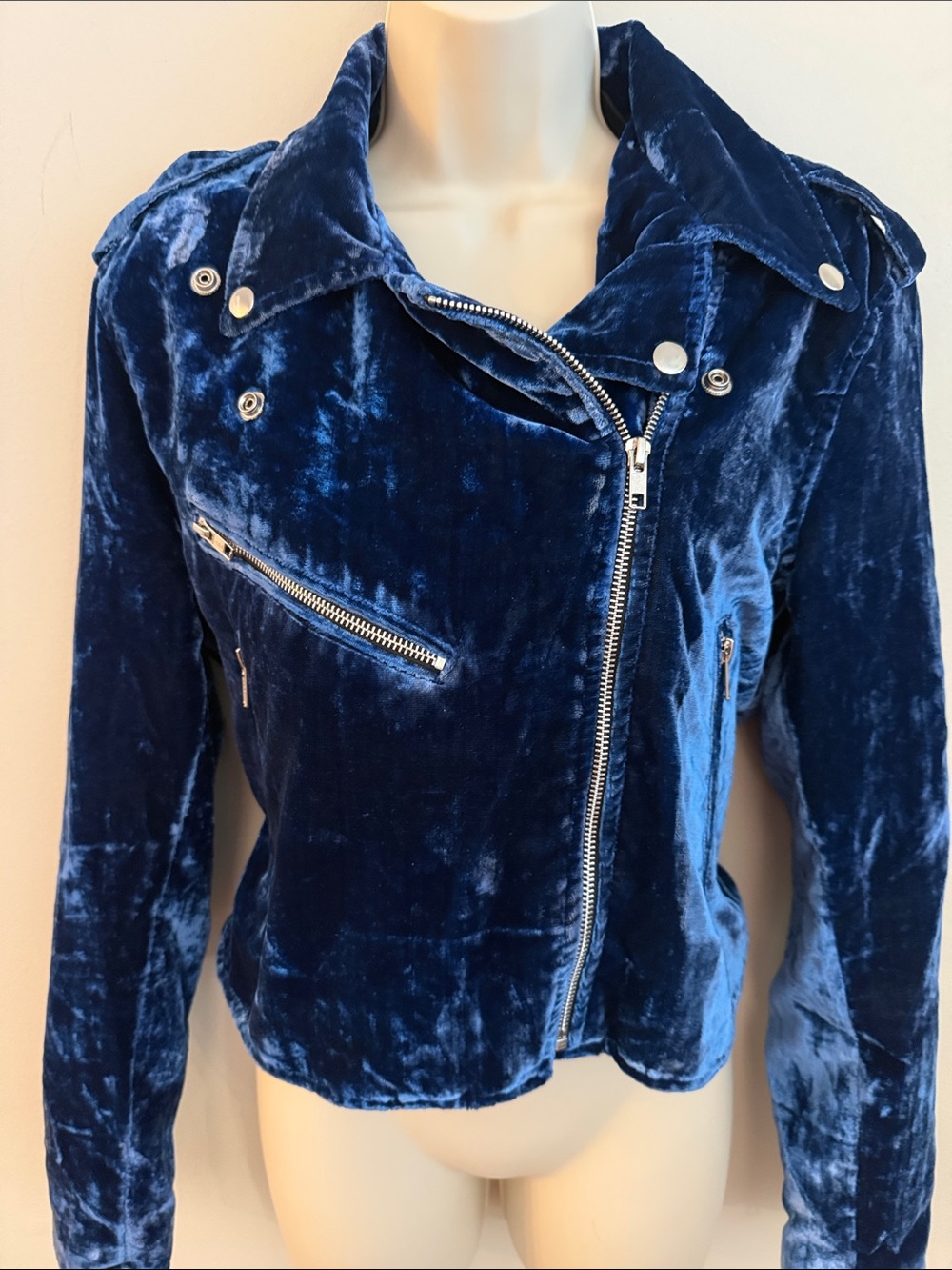 Understated Leather Plush Blue Velvet Biker Crop Jacket in Deep Blue Size Large